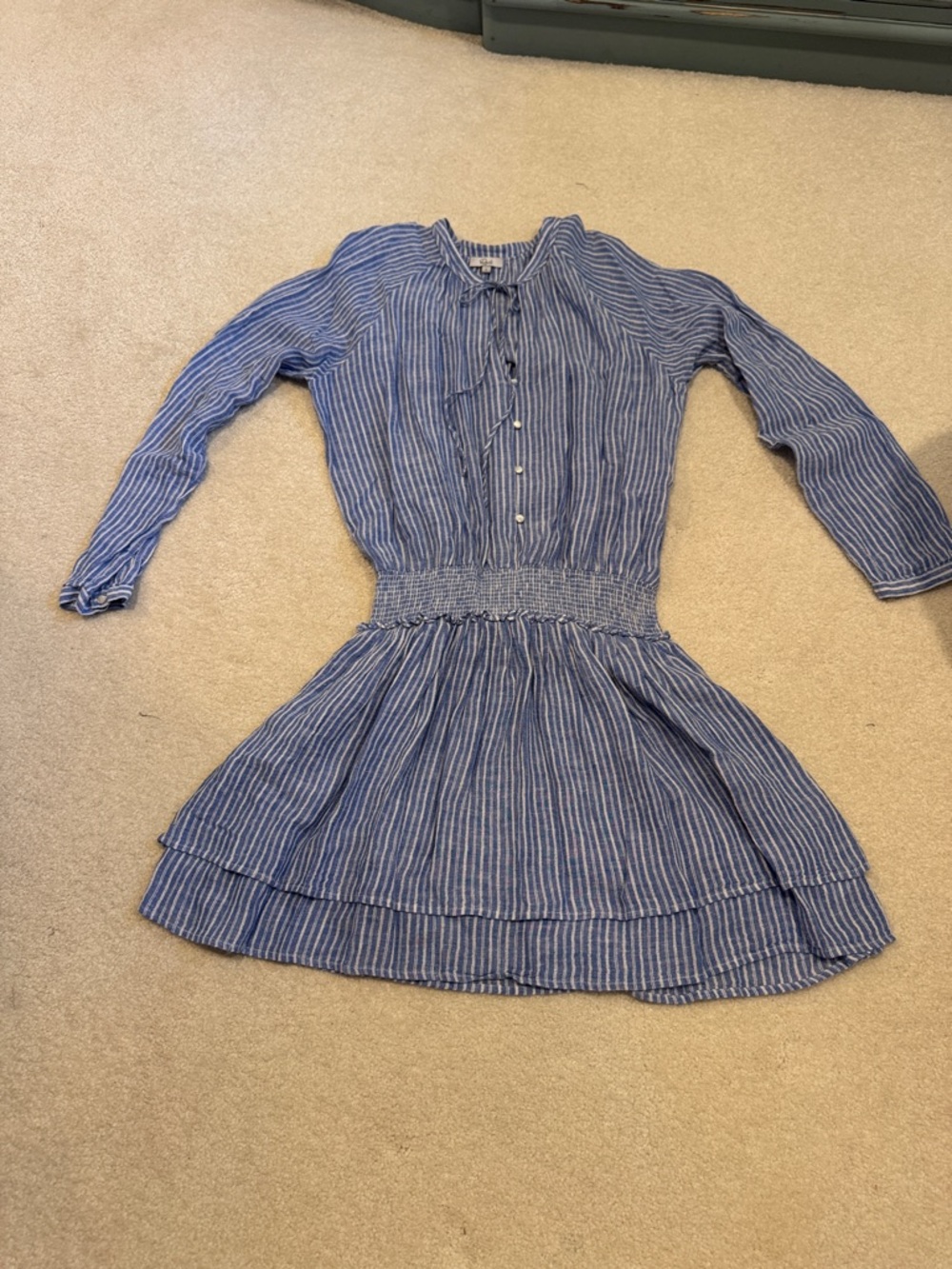 Rails Blue Striped Smocked Waist Linen Blend Mini Dress